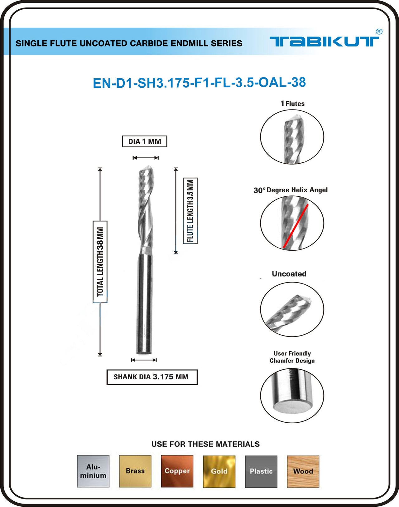 1 mm Single Flute Endmill