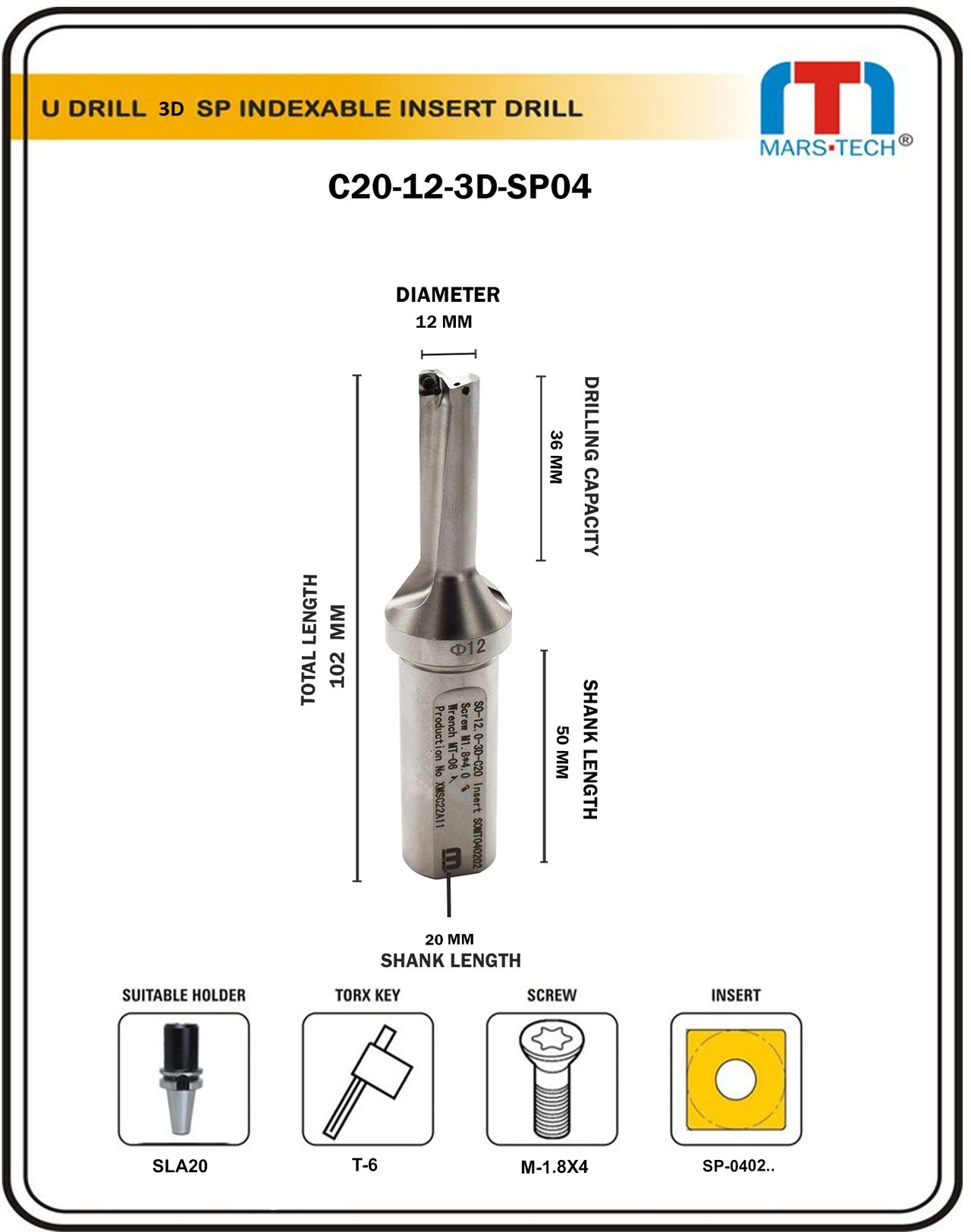 12 mm u drill for SOMT040202 insert