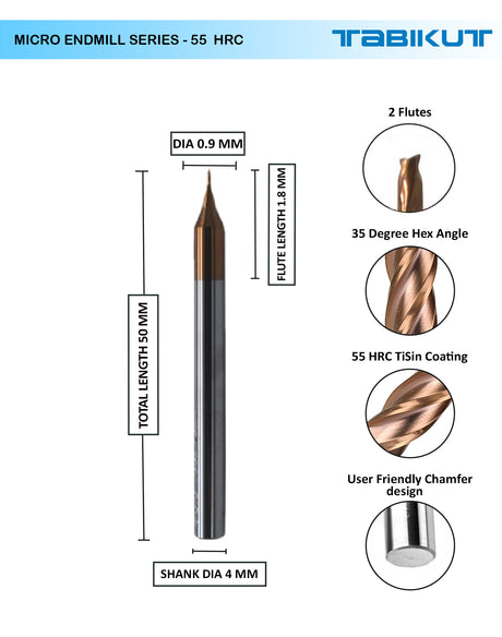 Micro Endmill 0.9 Mm 4mm Shank 2 Flutes (60 HRC)