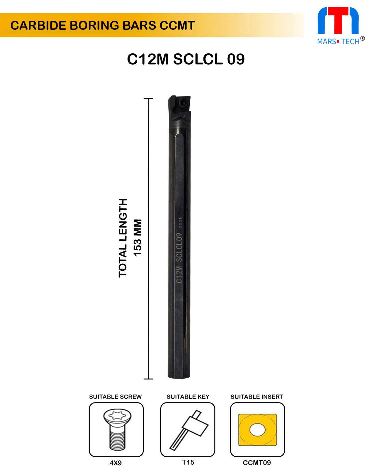 Carbide boring Bar 12 mm left hand suitable to ccmt09 - pack of 1