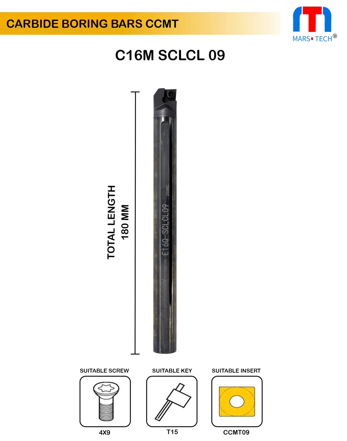 Carbide boring Bar 16 mm left hand suitable to ccmt09 - pack of 1