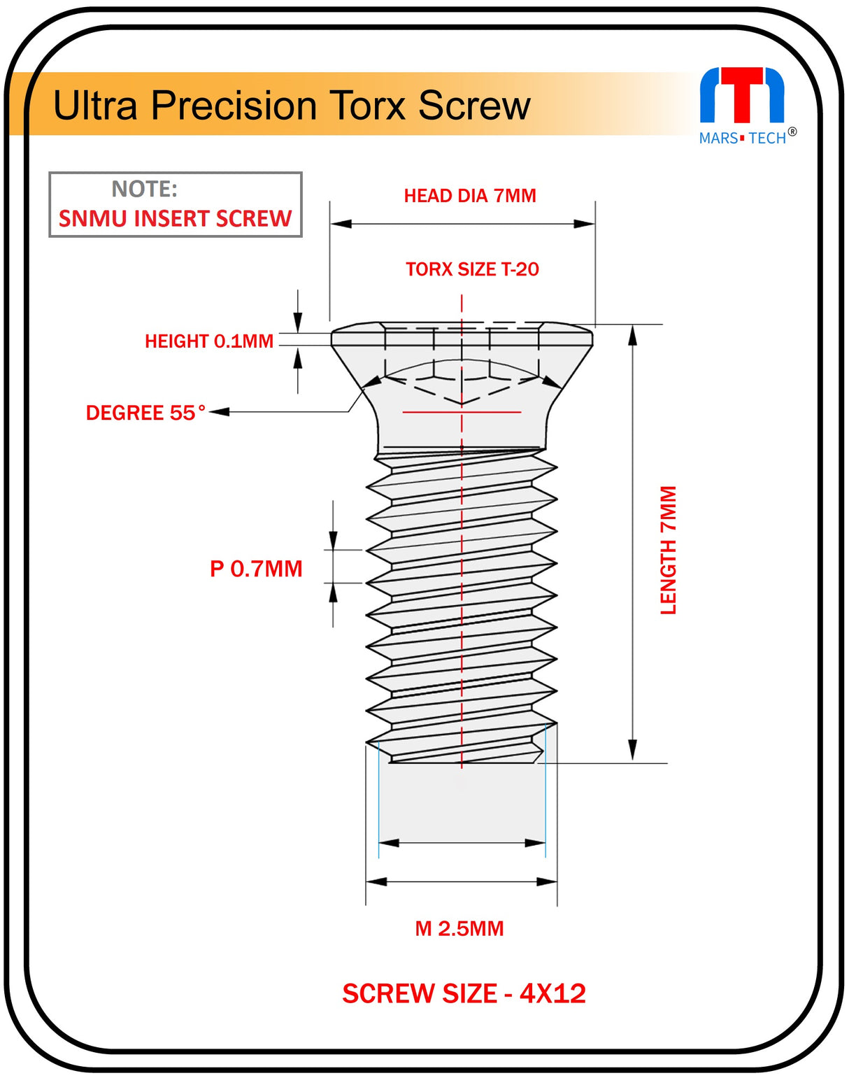 Ultra Precision Screw SNMU12 insert 4X12 D7 long Pack of 10 nos.