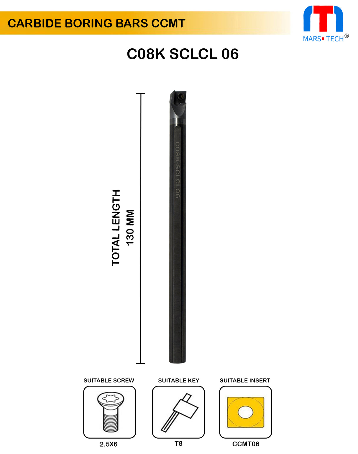 Carbide boring Bar 8 mm left hand suitable to ccmt06 - pack of 1